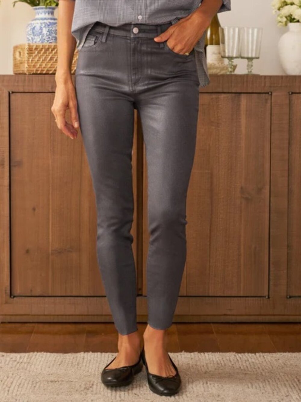 NEW $298 FRANK & EILEEN SLIGO SKINNY JEANS IN PEWTER GLITTER WAX SIZE 25